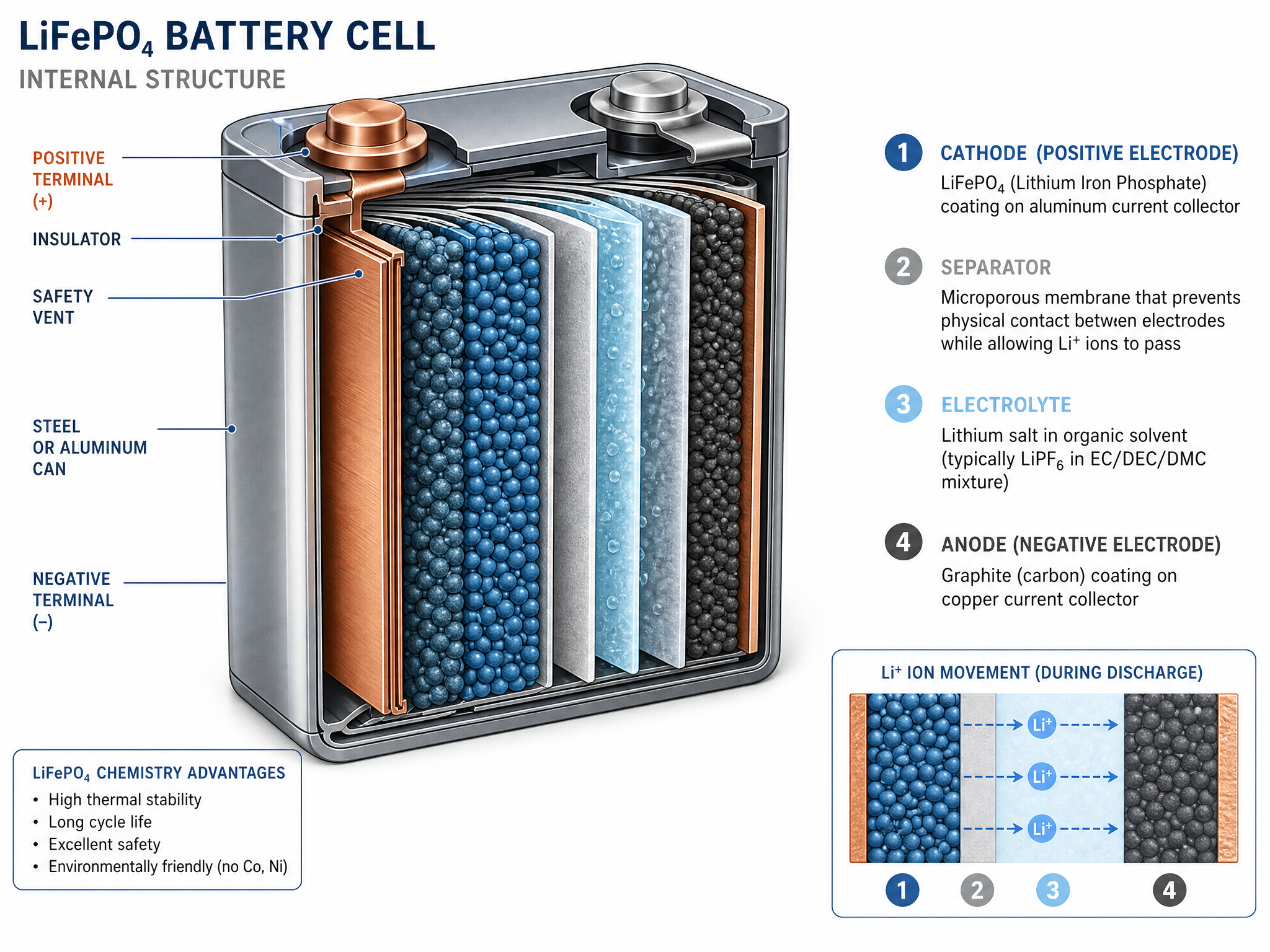 LiFePO4 battery cell structure and chemistry