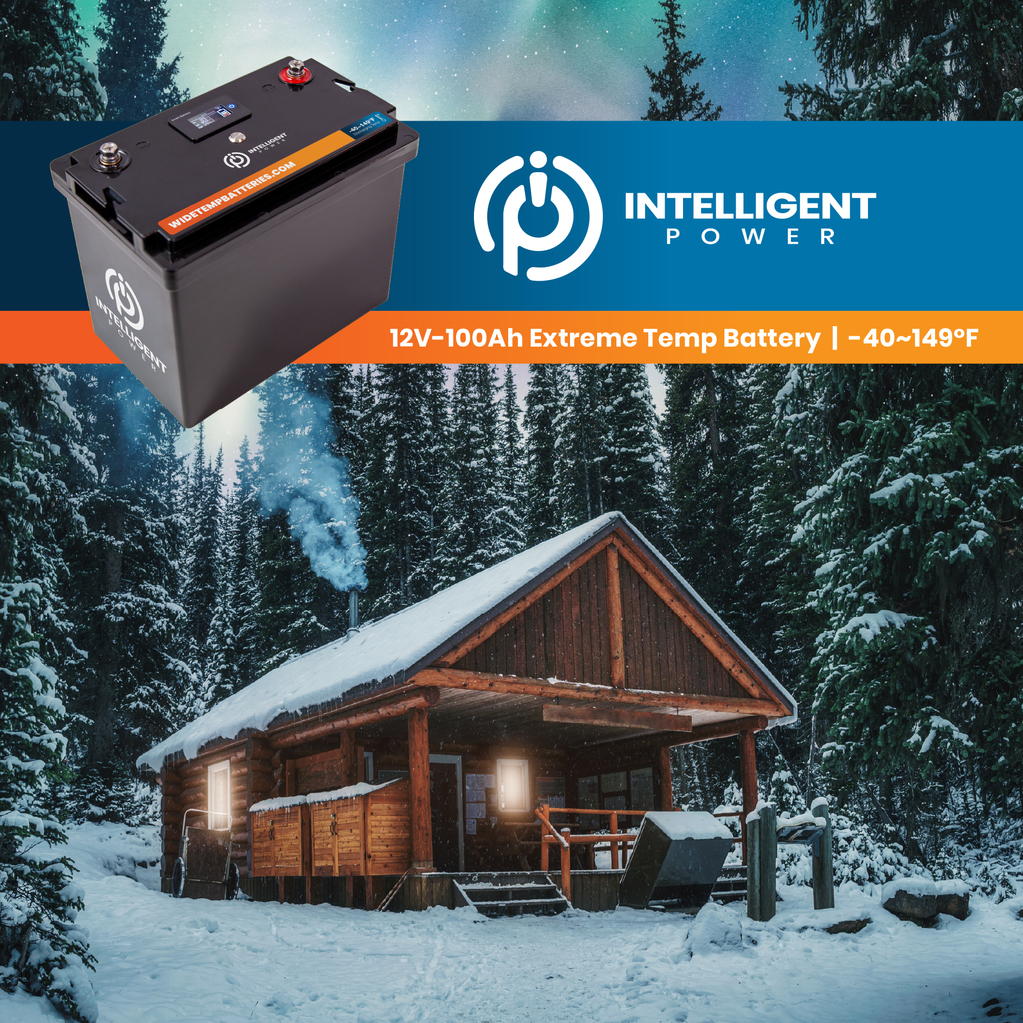 Intelligent Power battery powering cabin under Northern Lights aurora