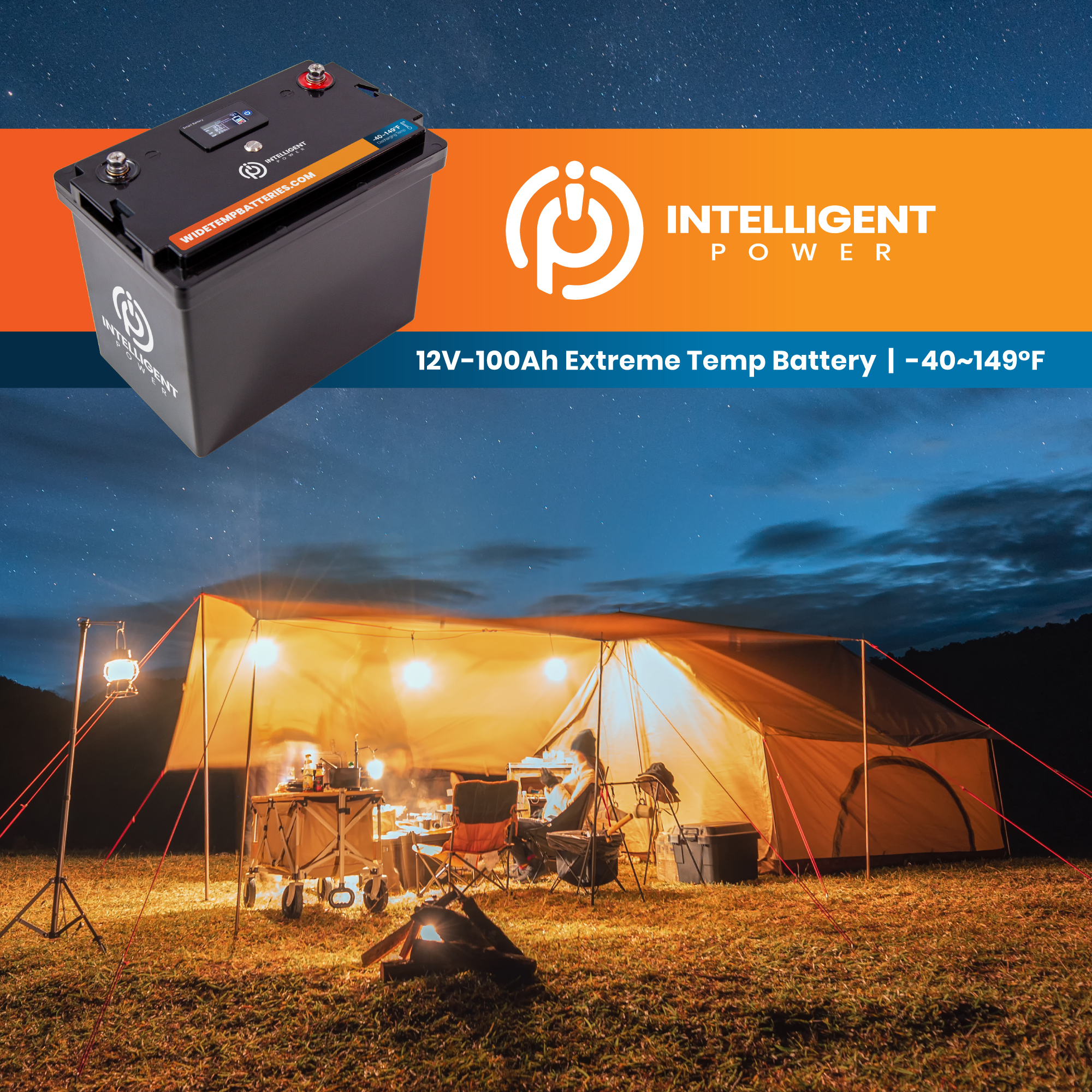 Intelligent Power battery powering camping tent setup under starry sky