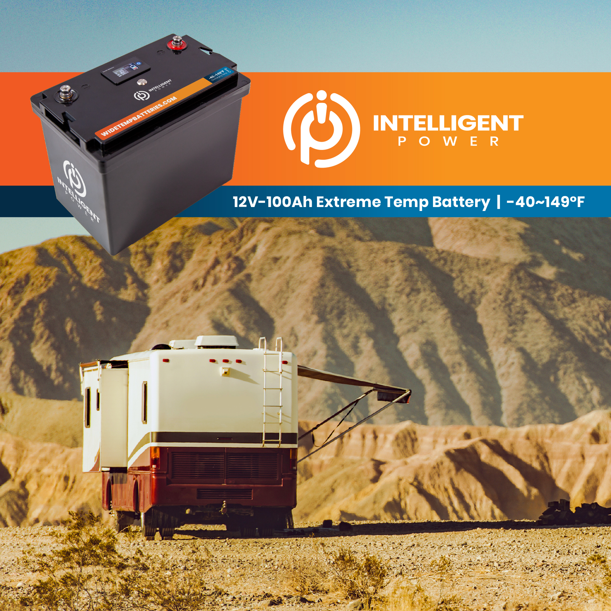 Intelligent Power battery with RV in canyon desert