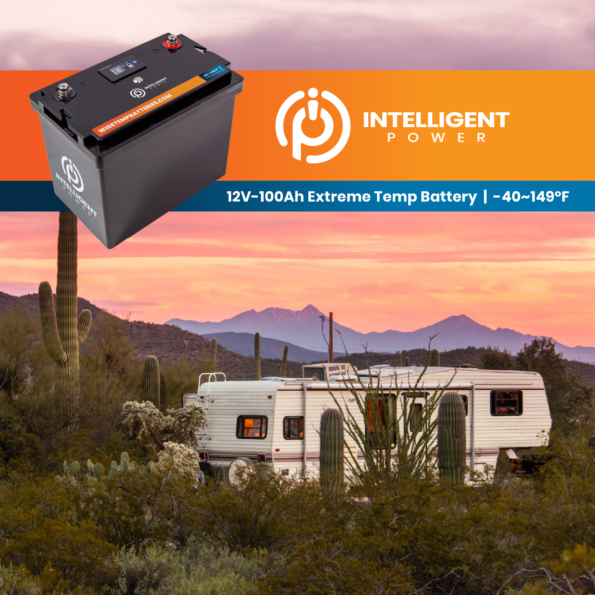 Intelligent Power battery with RV in desert landscape