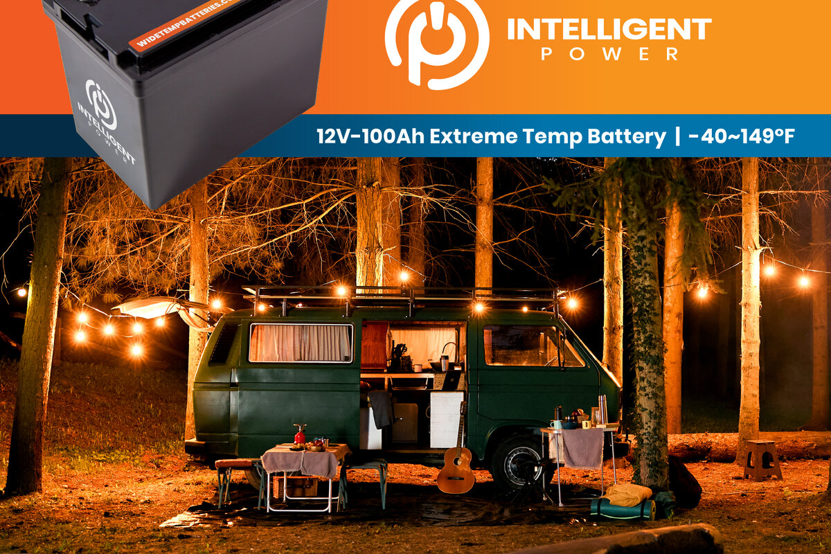 12V-100Ah Extreme Temperature Battery powering real-world van life camping with Intelligent Power branding